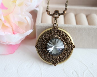 Vintage style Brass locket with Swarovski Smoky crystal