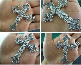 Large vintage ox sterling silver plated brass ornate cross necklace. N421