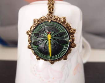 Vintage Czech glass dragonfly button brass necklace one of kind