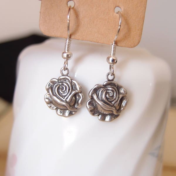 Silver plated brass Victorian rose earrings