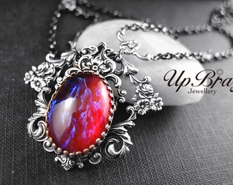 Nebula 4 --Rare Vintage West Germany X-large Dragon's Breath Opal glass jewel aged sterling silver brass victorian neck