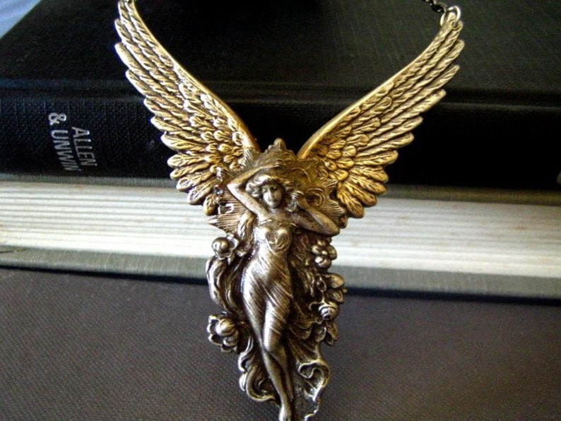 Vintage sterling silver plated brass art nouveau goddess necklace