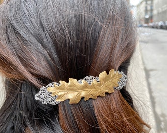 Oak leaves French barrette in ox antique sterling silver plated brass, genuine Made in France barrette Fall collection