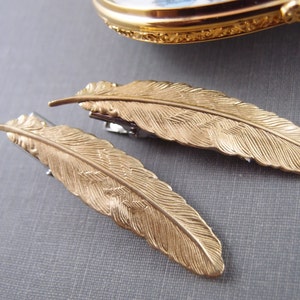 2 pc Golden feather raw brass alligator hair clips (one pair)