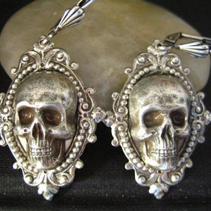 Vintage sterling silver plated brass large skull ornate earrings S007