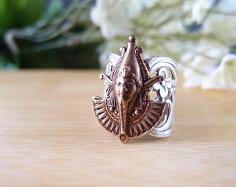 Osiris ring, Egyptian goddess, flower ring, aged brass-adjustable metal ringR006