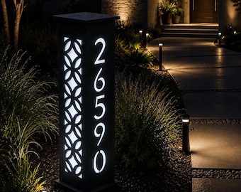 Solar House Number Sign: Address Post / Modern Outdoor Lighting / Home Decor / Garden Petal Design