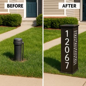 May include: A before-and-after image shows a black address post with the number 12067 in white. The post has a decorative side panel. The "before" image shows a black cylindrical object.