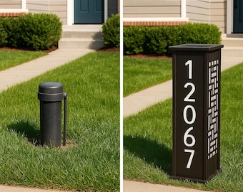 Solar Address Sign & Well Head Cover: 10" W x32" H, Modern Weave Maze Garden Decor