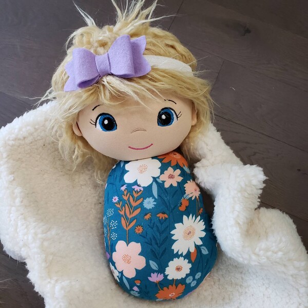 Handmade Waldorf inspired cloth doll, plush doll, swaddle doll, baby doll, snuggle, headbow, blue fall floral, brown hair