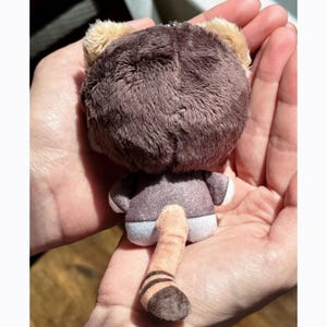 May include: A plush toy in the shape of a brown bear, viewed from the back. The bear has a round head with tan ears, a gray body, and a long, striped tail. The toy is held in open hands.
