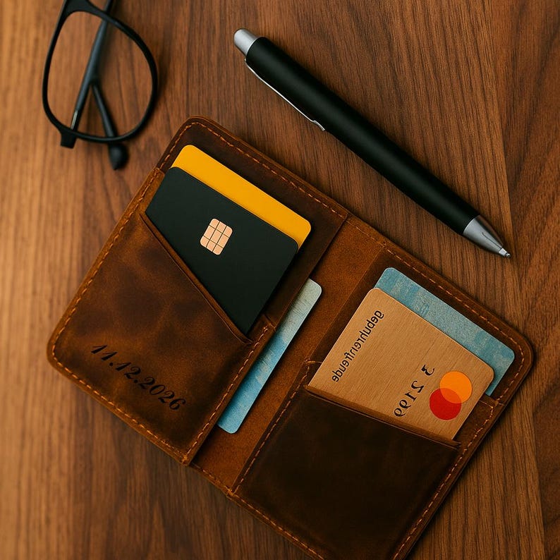 May include: A brown leather wallet with multiple card slots, holding several credit cards in various colors. A black pen and eyeglasses rest on the wooden surface. The date "11.12.2026" is engraved on the wallet.