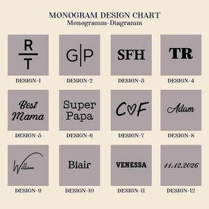 May include: A monogram design chart featuring twelve distinct black text and symbol options on light gray squares. The chart includes various layouts with initials, names like Best Mama, Super Papa, Adam, Blair, Venessa, and a date 11.12.2026.