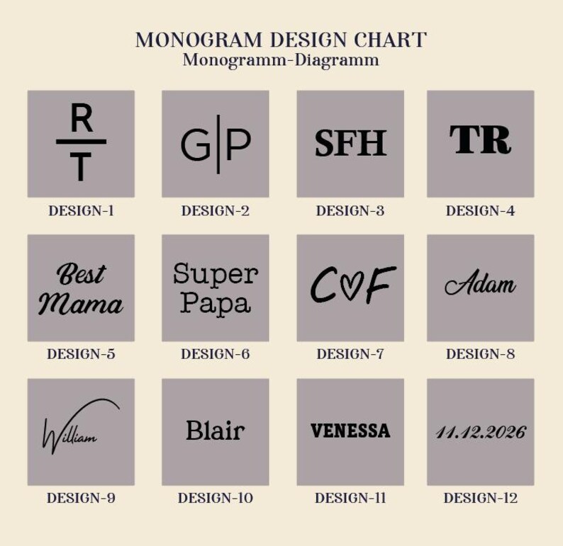 May include: A monogram design chart featuring twelve distinct black text and symbol options on light gray squares. The chart includes various layouts with initials, names like Best Mama, Super Papa, Adam, Blair, Venessa, and a date 11.12.2026.