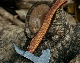 Ascia tomahawk in acciaio di Damasco forgiata a mano: manico in palissandro, stile vichingo.