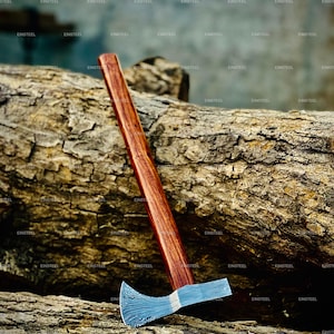 Hand Forged Damascus Steel Viking Axe: Carved Rosewood Handle