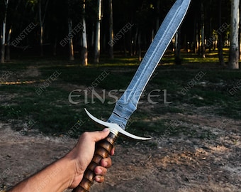 Handgesmeed vikingzwaard van damaststaal, palissander handvat, leren schede