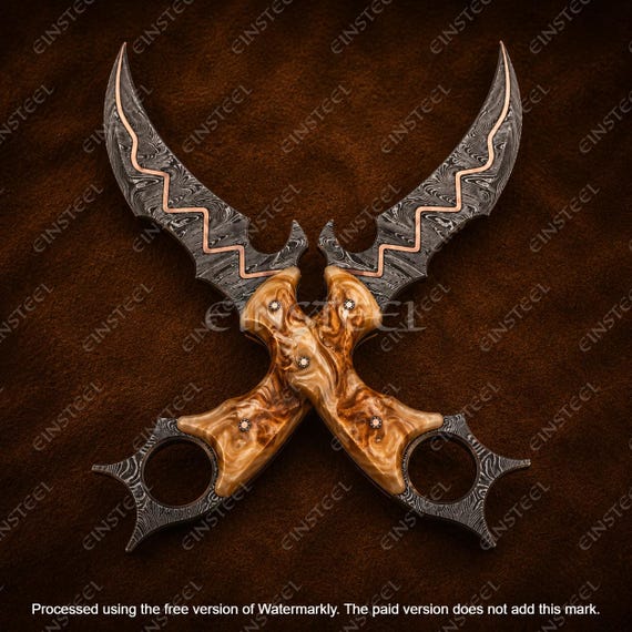 Hand Forged Copper Damascus Steel Dual Karambit Knives, Full Tang Viking Pair, Collectible Gift