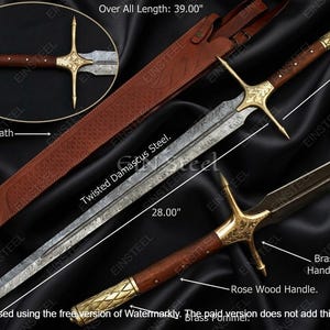 May include: A detailed image of a sword with a 39-inch overall length. The blade is 28 inches long, made of twisted Damascus steel. It features a rosewood handle, brass guard, and a leather sheath. The handle and guard are hand engraved.