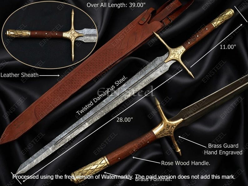 May include: A detailed image of a sword with a 39-inch overall length. The blade is 28 inches long, made of twisted Damascus steel. It features a rosewood handle, brass guard, and a leather sheath. The handle and guard are hand engraved.