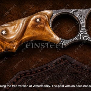 Pu&ograve; includere: Un coltello karambit con un manico in resina marmorizzata color ambra e crema con tre perni metallici circolari. La lama e l'anello presentano un distinto motivo ondulato in acciaio damasco. La parola EINSTEEL &egrave; visibile sul manico.