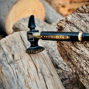 Custom Handmade Viking Hammer Axe, Hand Forged Engraved Black and Gold Ceremonial Hammer, unique Gift for Him, Cosplay and Collectors