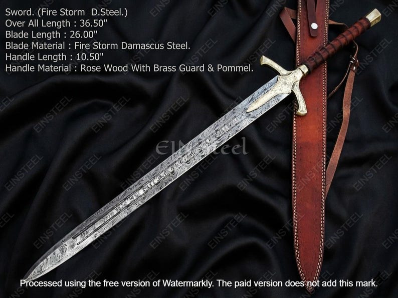 May include: A detailed image of a sword with a Fire Storm Damascus Steel blade, 26 inches long, and a total length of 36.5 inches. The handle is rosewood with a brass guard and pommel. The sword is displayed with a brown leather sheath.