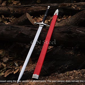 May include: A long, silver sword with a black handle and a red sheath. The sword has a crossguard and a pointed tip. The sheath is red with silver accents. The text "GIN Steel" is visible on the image.