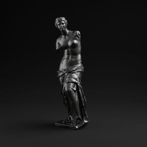 May include: A dark gray statue of Venus de Milo, a classical sculpture, stands against a black background. The statue is missing both arms and is draped in fabric around the lower body. The sculpture is a representation of classical art.