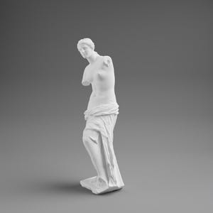May include: A white plaster statue of Venus de Milo, a classical sculpture. The statue is missing both arms and stands draped in fabric. The sculpture is set against a gray background.