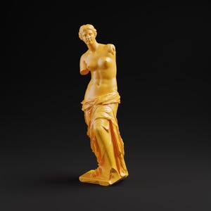 May include: A mustard-yellow statue of Venus de Milo, a classical sculpture, stands on a dark background. The statue is missing both arms and is draped in fabric around the lower body. The sculpture is a representation of classical art.