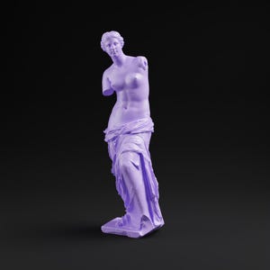 May include: A lavender-colored statue of Venus de Milo, a classical sculpture. The statue is missing both arms and stands on a rectangular base. The figure is draped in fabric around the lower body, with detailed folds and textures. The background is black.