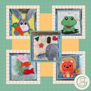 May include: A collection of colorful, handmade felt books with animal themes. Each book features a different animal: a gray bunny with a carrot, a green frog, a gray elephant with balloons, a red lion, and colorful fish.