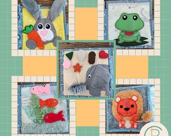 Activiteiten Boek patroon dierenbundel | 5 dieren: Vis, Leeuw, Olifant, Konijn, Kikker | Peuteractiviteit | Naaipatroon PDF + SVG