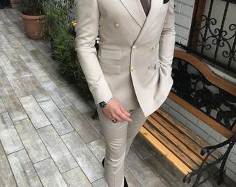 Beige Double-Breasted Suit: Slim Fit Wedding Groomswear