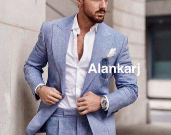 Men's Sky Blue Linen Suit: Two Piece Wedding Suit