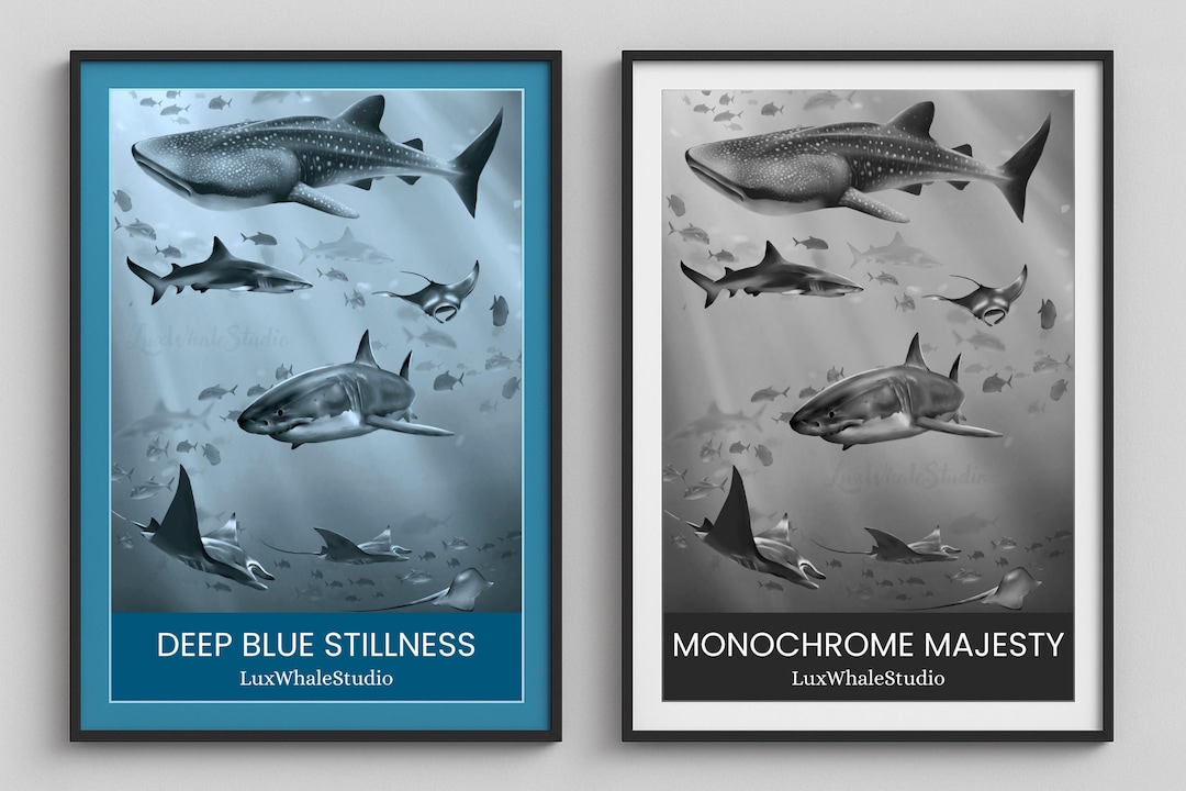 Underwater Marine Life Art Print – Whale Shark, Manta Ray & Sharks ...