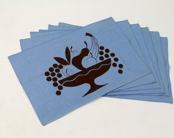 Vintage 1950s Linen 1960s Linen Placemats Midcentury Modern Design Fabric Linen Napkins Set 6 Blue Linen Fruit Bowl Design Gift Eco MCM