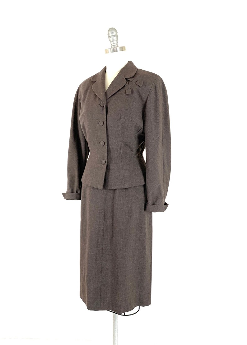 Vintage 1940s Suit 1950s Gabardine Suit Cubara Brown Wool 1940s Lilli Ann Style shops Wool Suit Skirt Suit Belt Back Beltback