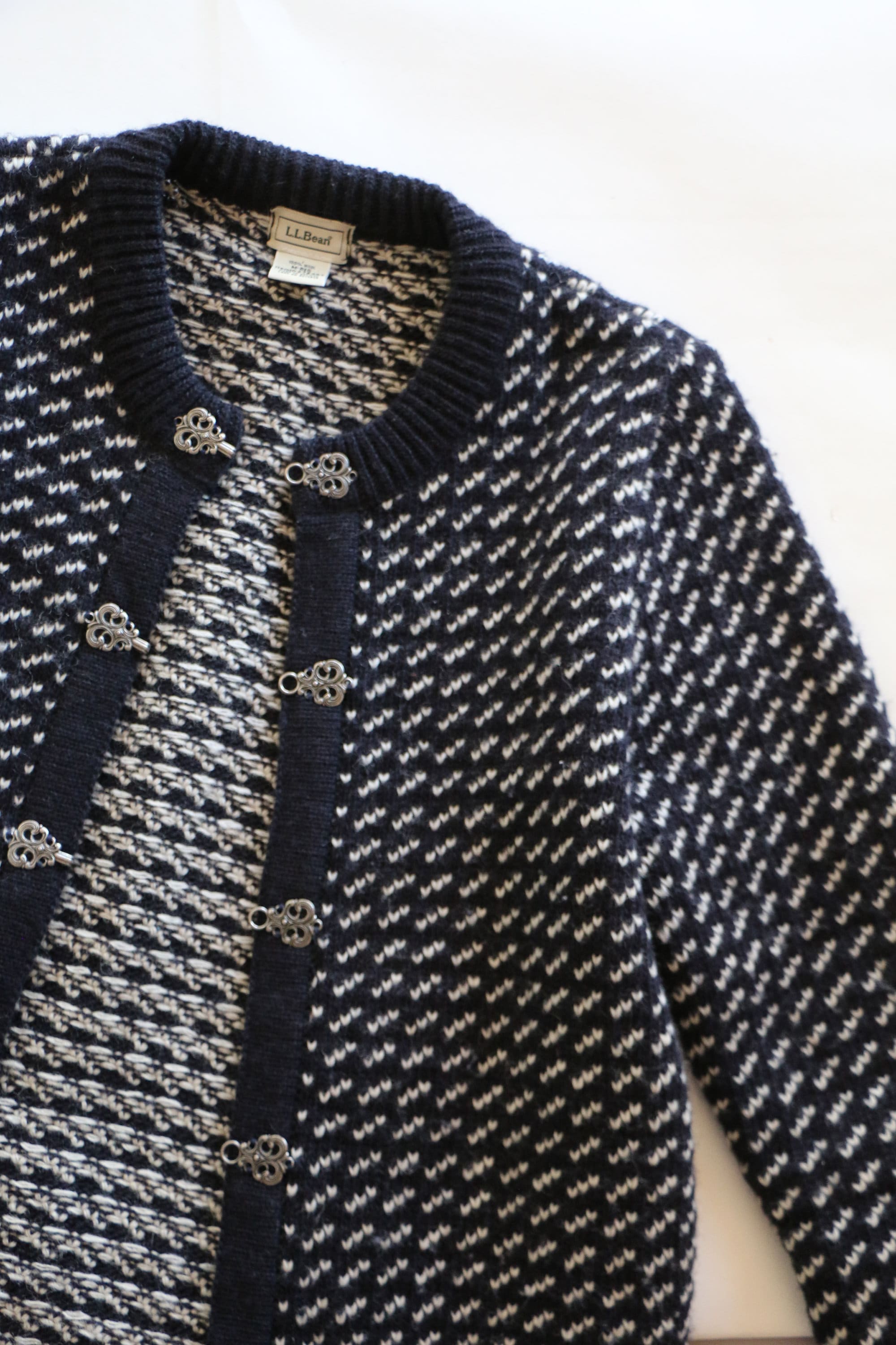 Vintage L.L. BEAN 1/4 button cotton fair isle Nordic granny sweater blue M Women