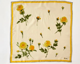 Vintage 1950s ROSE Scarf Vera Silk Rayon Scarf Yellow Roses VERA NEUMANN Designer Scarf Ladybug Bandanna Handkerchief