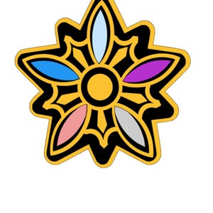 May include: A stylized, star-shaped design with a gold center and black outline. The design features petal-like shapes in various colors, including blue, pink, purple, and gray. The center is a solid gold circle.