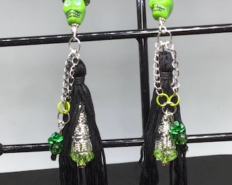 Handmade Halloween  Skull Earrings: Día de Muertos Black Tassel Earrings