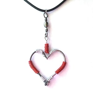 Handmade Fish Hook Heart Necklace: Red & Silver Wire Wrapped Pendant