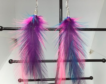 Handmade Feather Earrings: Multicolor Plume, Silver Ear Wires