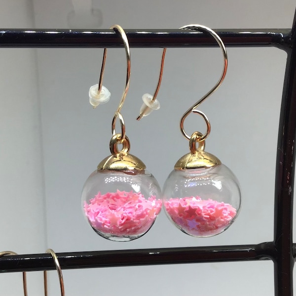 Glass Ball Earrings Glass Orb Earrings Filled with STAR CONFETTI Blown Glass Earrings Glass Globe Ball Earrings