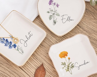 Personalisierte Geburt Blume Trinket Schale, Brautjungfer Geschenk, Geburtstagsgeschenk für sie, Aquarell Blume Ring Schale, Schmuck Aufbewahrung, Keramik Schale