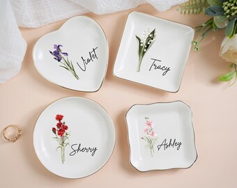 Personalized Birth Flower Trinket Dish, Watercolor Flower Ring Dish, Bridesmaid Gift, Birthday Gift for Her, Jewelry Storage, Ceramic Dish