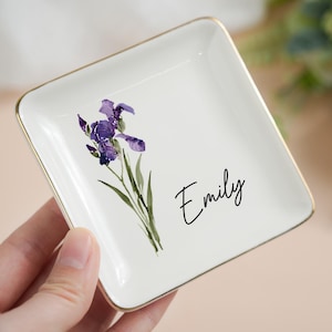 Personalized Birth Flower Jewelry Dish, Trinket Dish, Bridesmaid Gift, Wedding Gift, Birthday Gift for Her, Ring Dish, Jewelry Storage