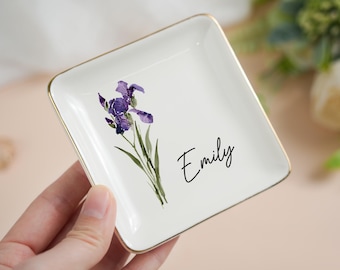 Plato para joyas personalizado con flor de nacimiento, plato para baratijas, regalo para damas de honor, regalo de boda, regalo de cumpleaños para ella, plato para anillos, almacenamiento de joyas